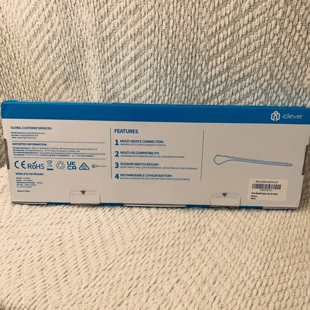 iClever Wireless‎ Keyboard White IC-BK10 Multi-Device Rechargeable Slim Open Box